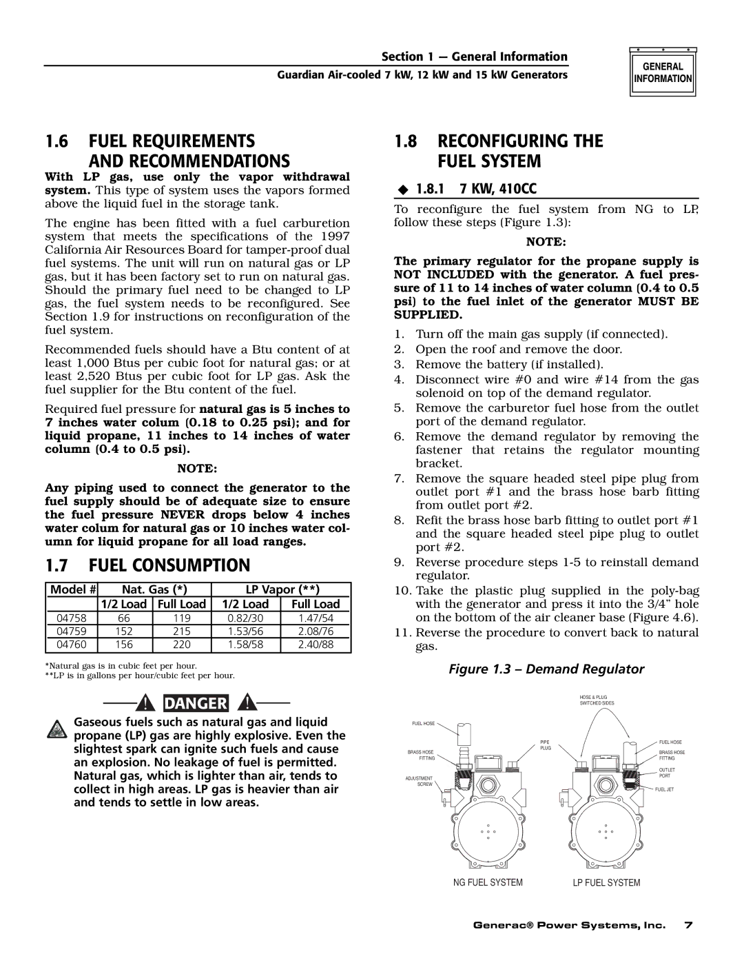 Guardian Technologies 04758-2, 04759-2, 04760-2 Fuel Requirements Recommendations, Fuel Consumption, 1 7 KW, 410CC 