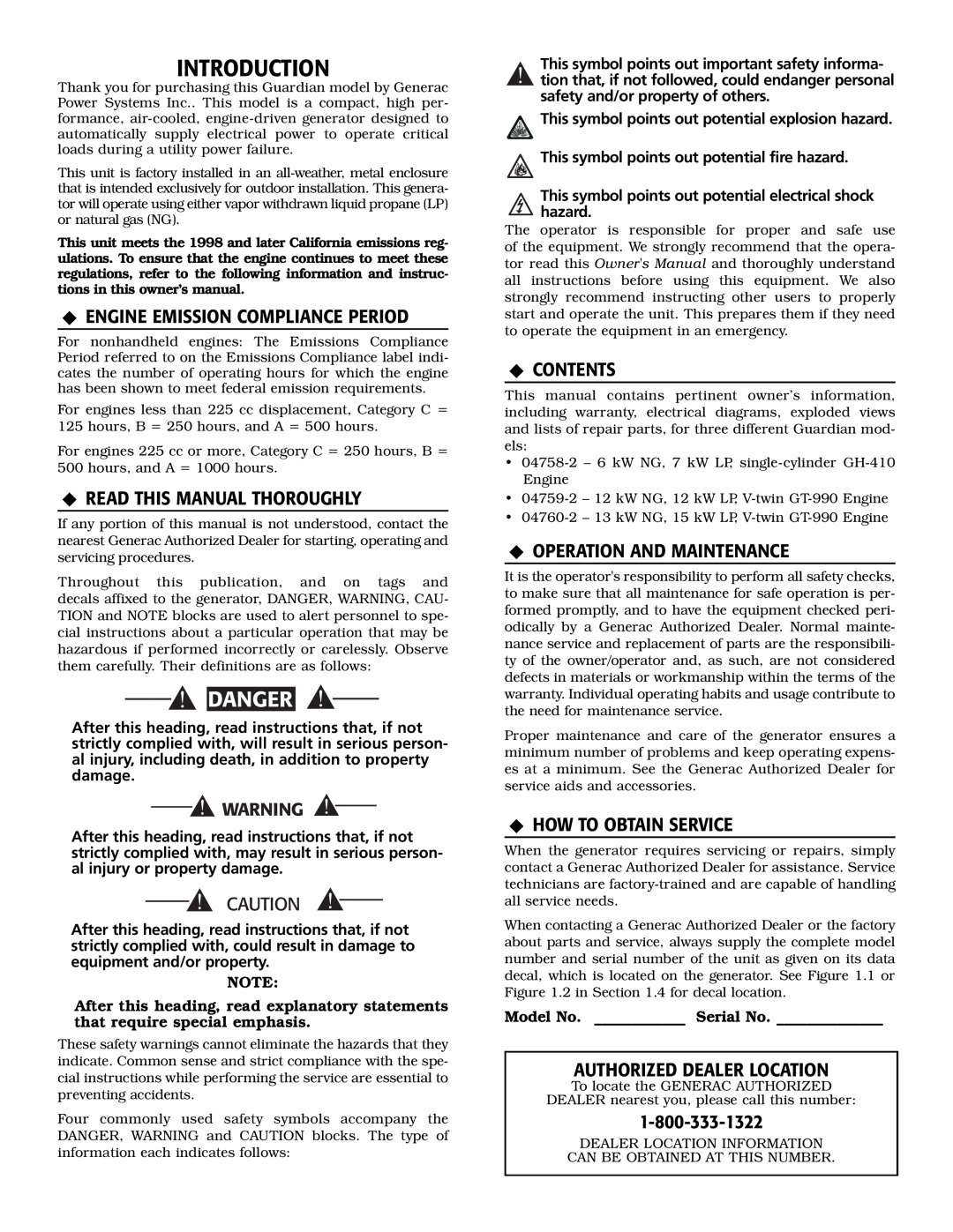 Guardian Technologies 04758-2, 04759-2, 04760-2 Introduction, Danger, ‹ Engine Emission Compliance Period, ‹ Contents 