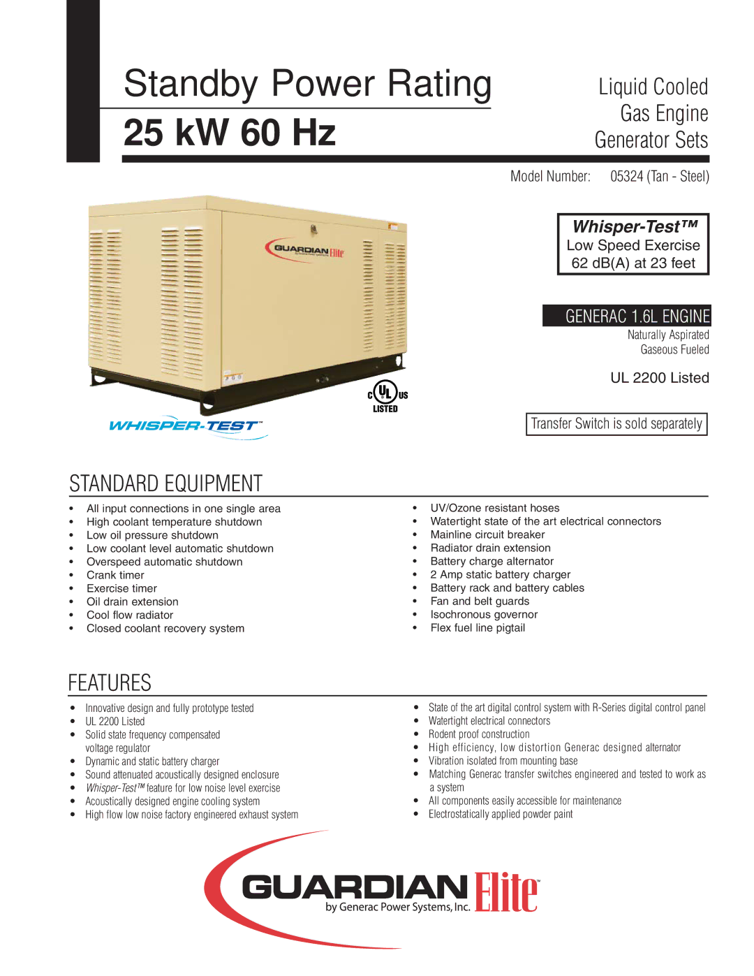 Guardian Technologies 05324 manual 25 kW 60 Hz, Solid state frequency compensated voltage regulator 