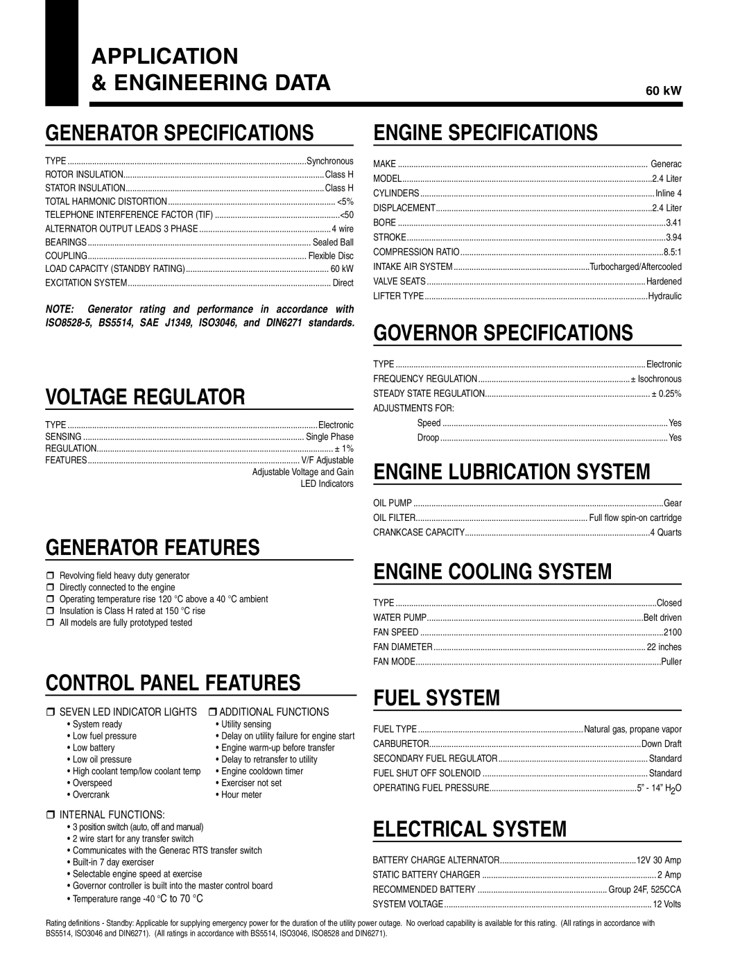 Guardian Technologies 05649 Application Engineering Data, Engine Specifications, Voltage Regulator, Generator Features 