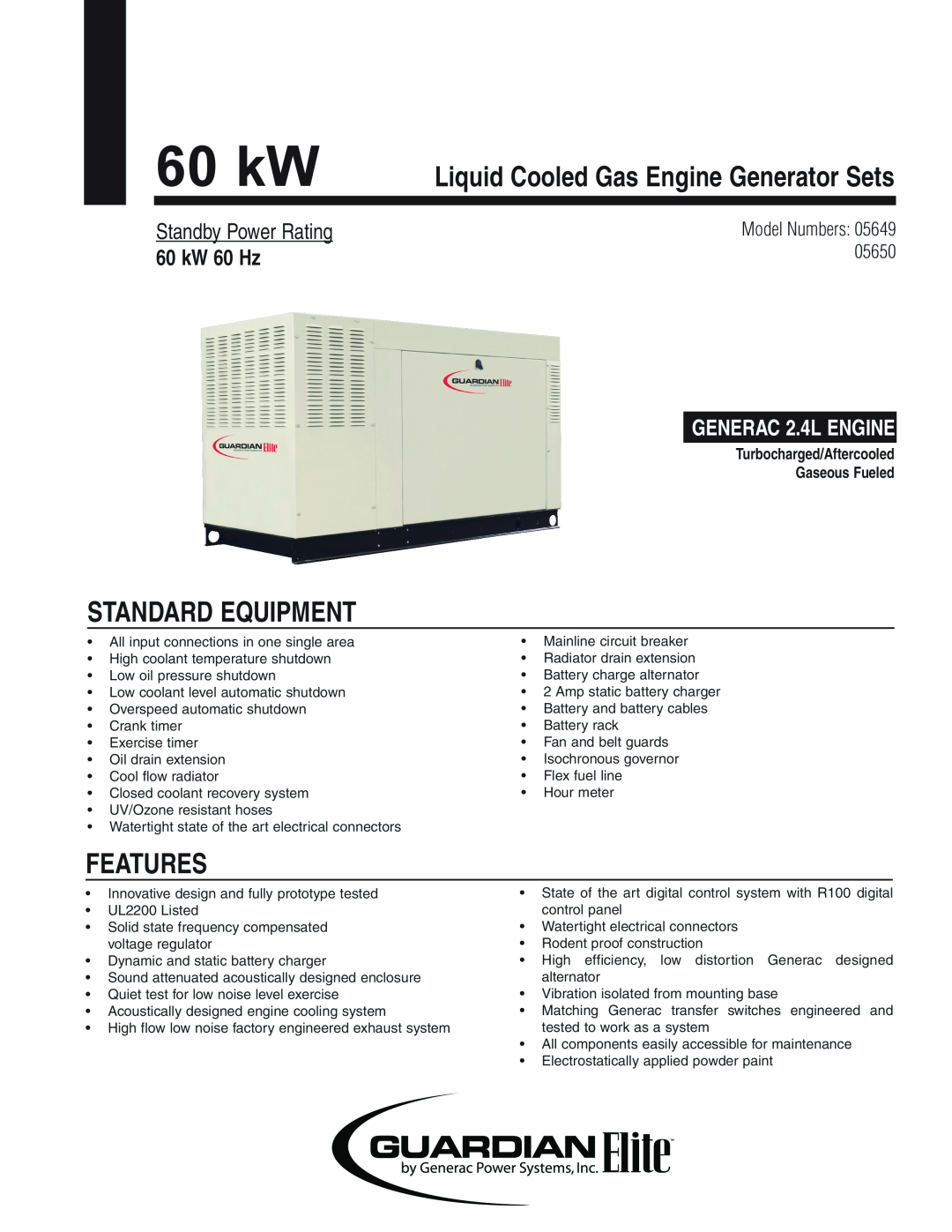 Guardian Technologies 05649 manual Standard Equipment, Features, Liquid Cooled Gas Engine Generator Sets, 60 kW 