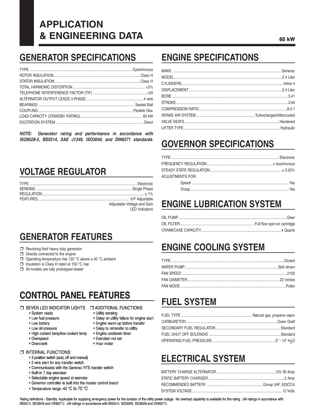 Guardian Technologies 05649 Application & Engineering Data, Engine Specifications, Voltage Regulator, Generator Features 