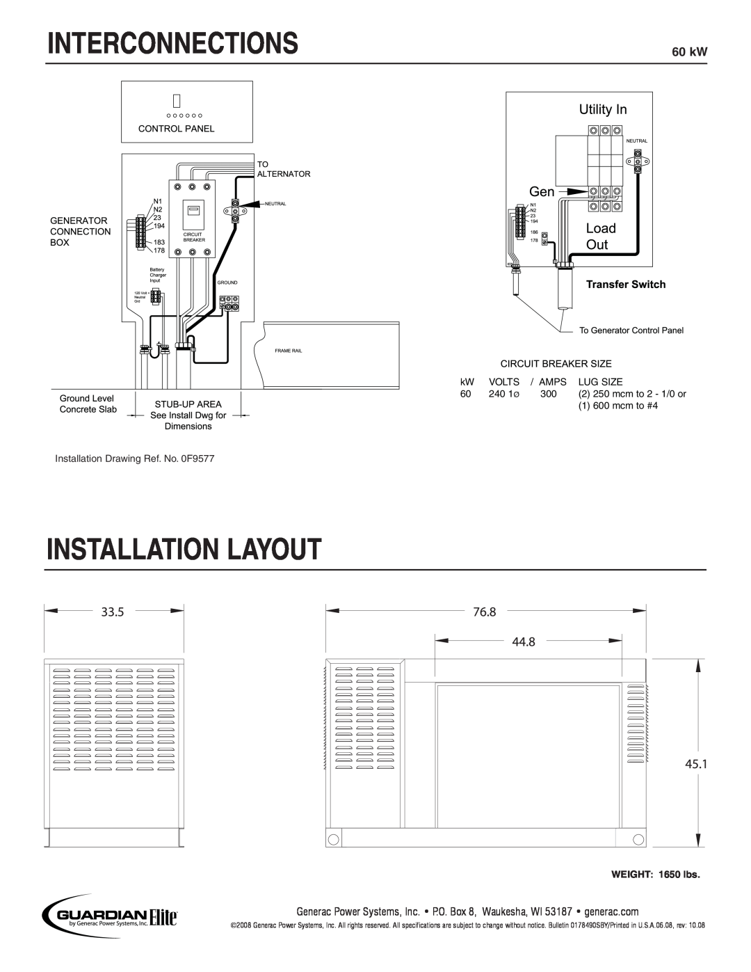 Guardian Technologies 05649 manual Interconnections, Installation Layout, 60 kW, WEIGHT 1650 lbs 