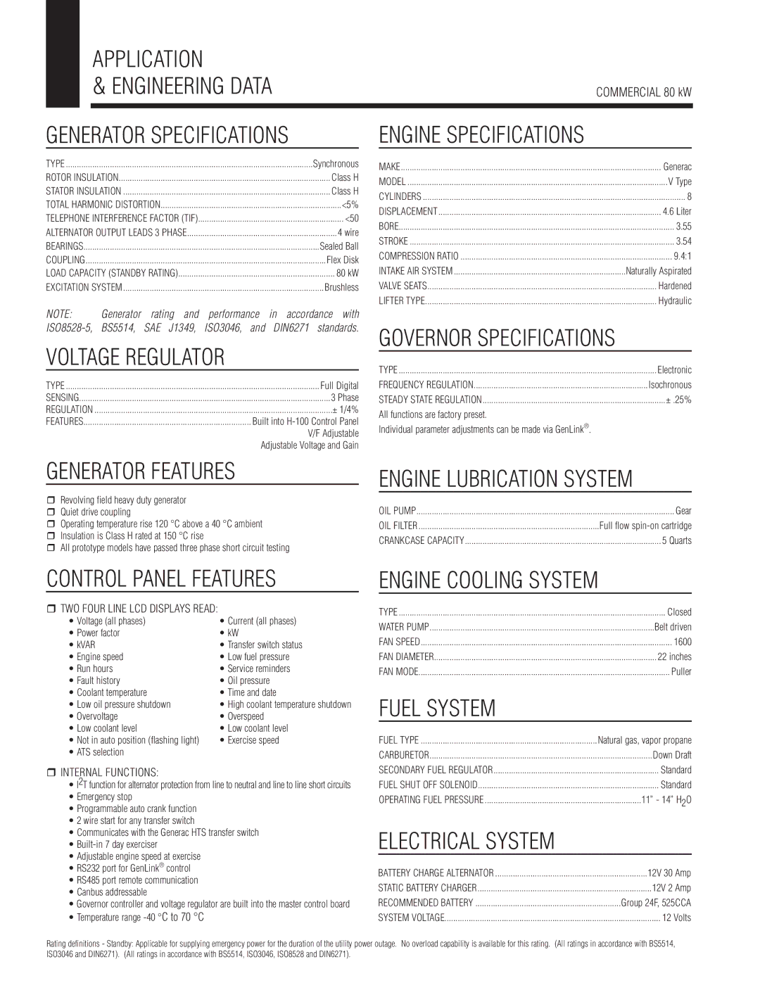 Guardian Technologies 05650 Application Engineering Data, Engine Specifications, Voltage Regulator, Generator Features 