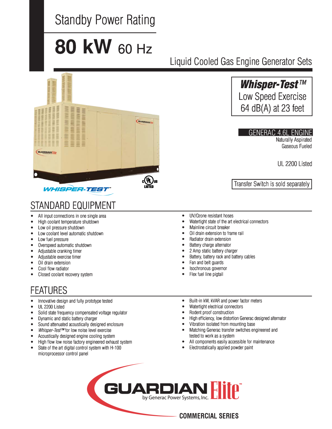 Guardian Technologies 05650 manual Standby Power Rating, 80 kW 60 Hz, Whisper-Test, Low Speed Exercise, dBA at 23 feet 