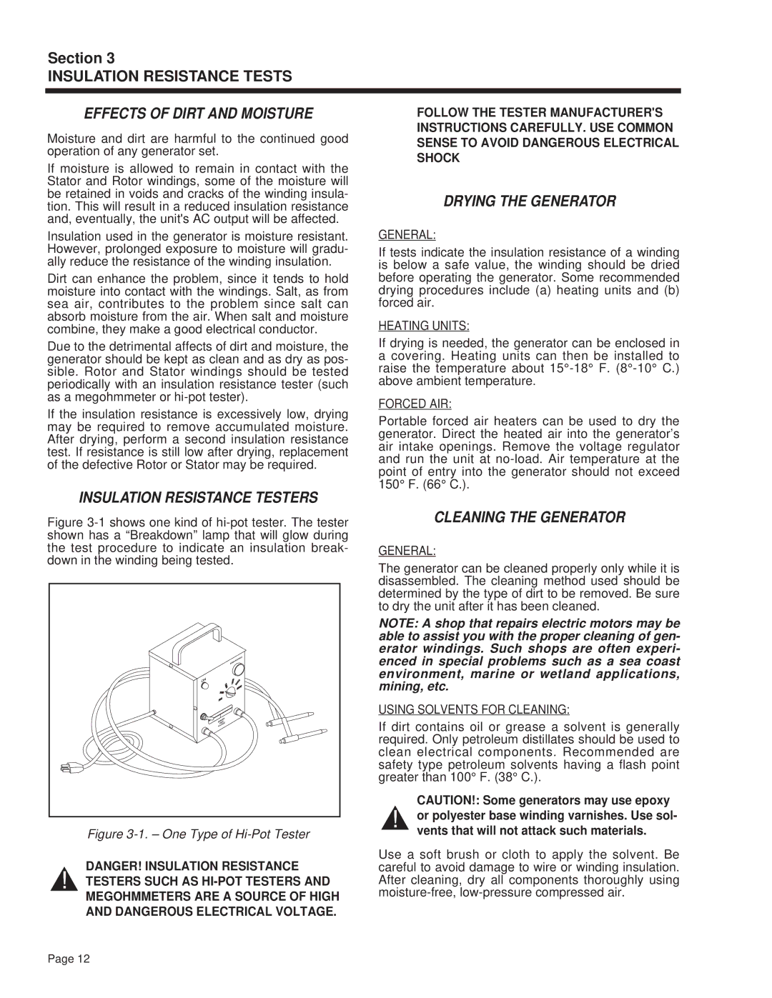 Guardian Technologies 4270 manual Effects of Dirt and Moisture, Drying the Generator, Insulation Resistance Testers 