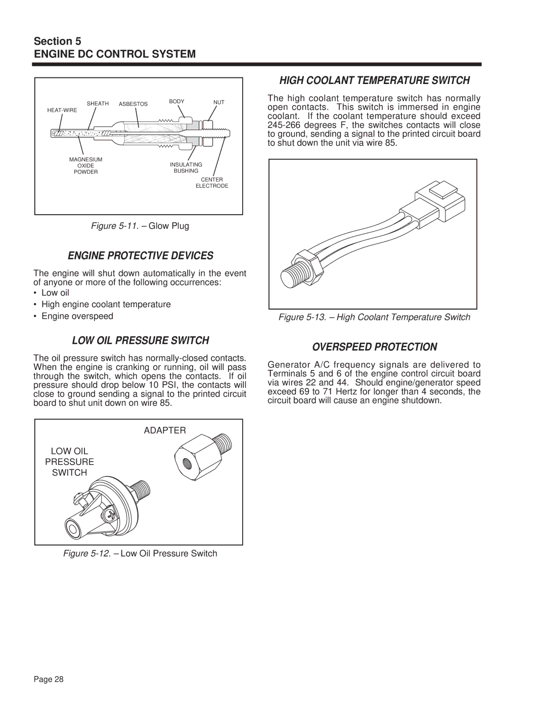 Guardian Technologies 4270 manual Engine Protective Devices, LOW OIL Pressure Switch High Coolant Temperature Switch 