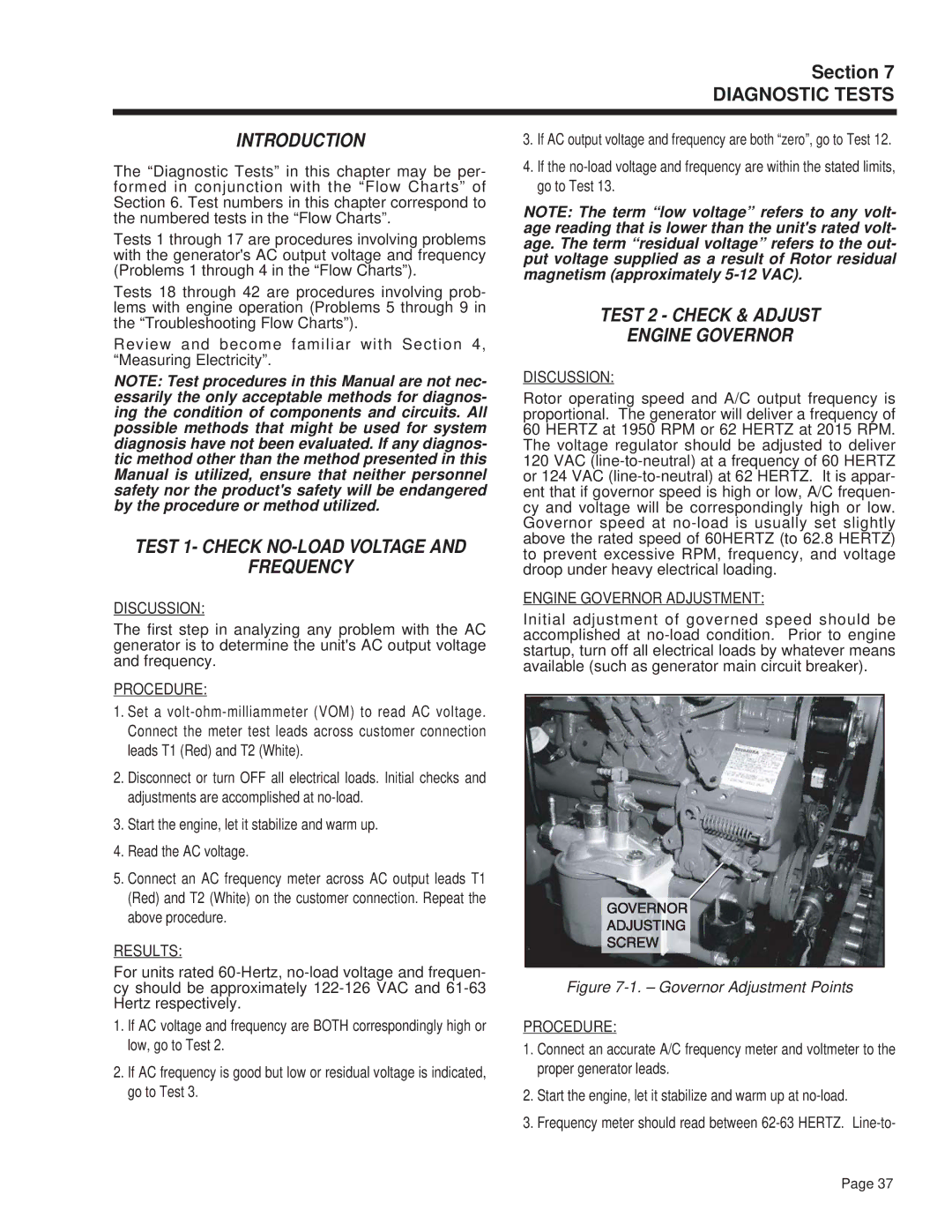 Guardian Technologies 4270 manual Test 2 Check & Adjust, Test 1- Check NO-LOAD Voltage Frequency 