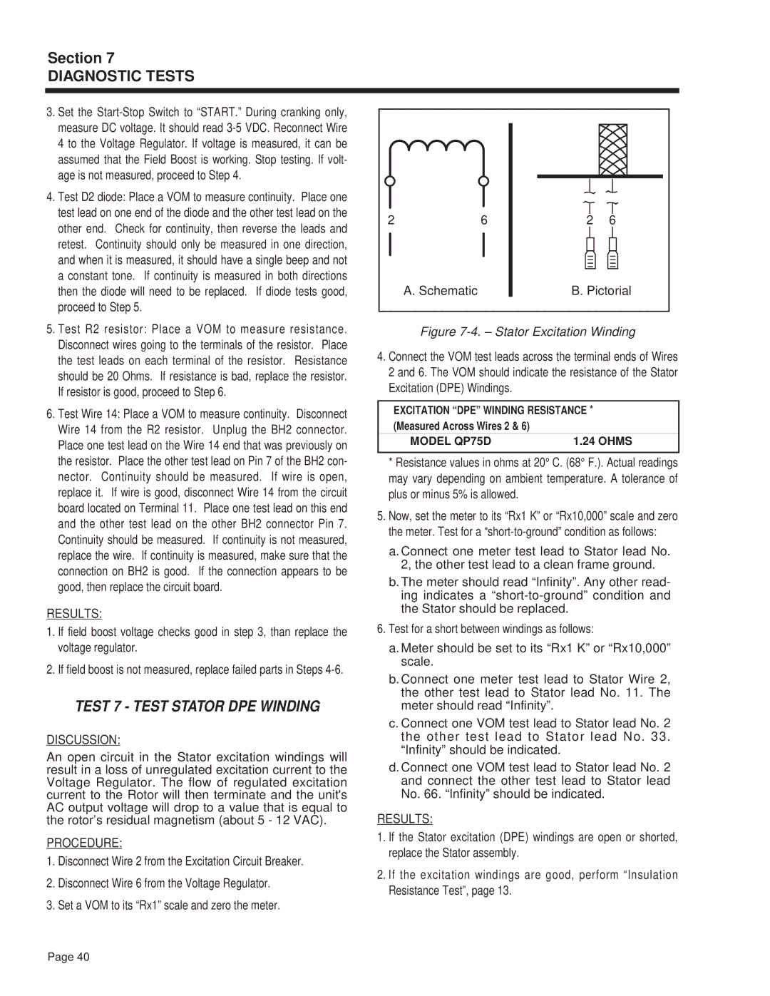 Guardian Technologies 4270 manual Test 7 Test Stator DPE Winding, Model QP75D 