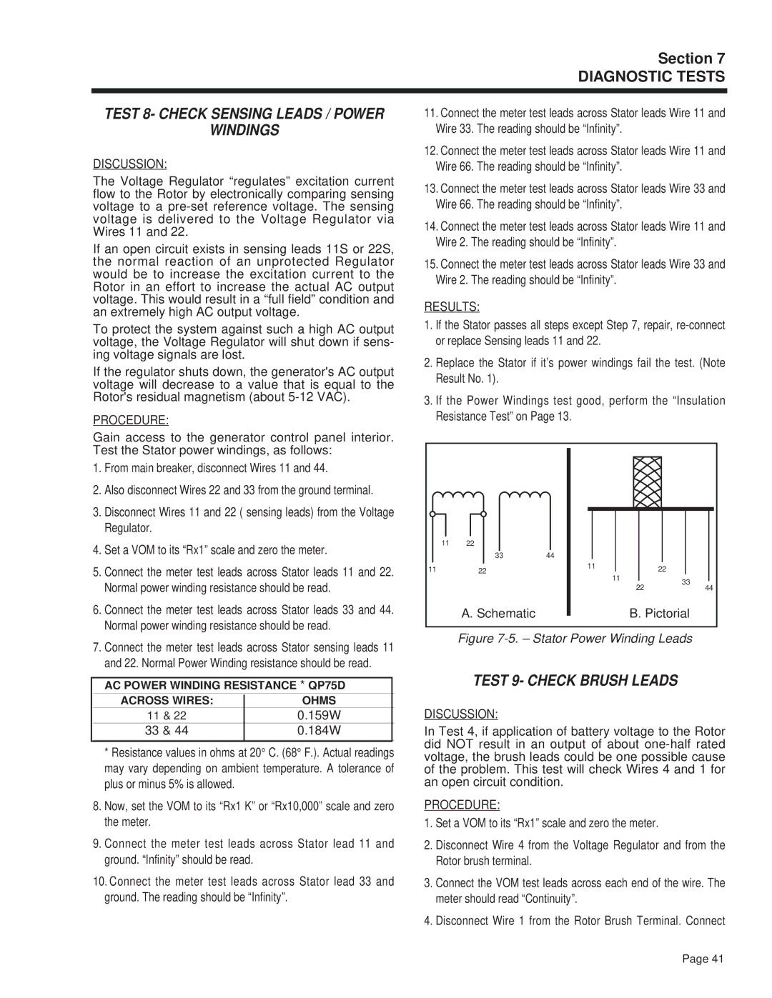 Guardian Technologies 4270 manual Test 8- Check Sensing Leads / Power Windings, Test 9- Check Brush Leads, 159W, 184W 
