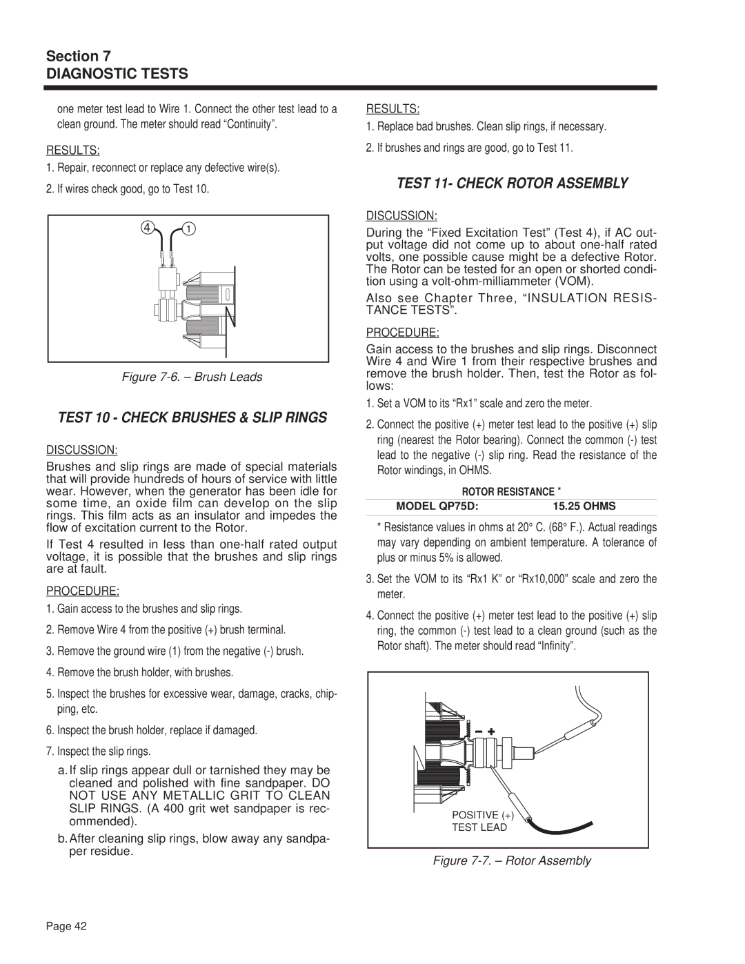 Guardian Technologies 4270 manual Test 10 Check Brushes & Slip Rings, Test 11- Check Rotor Assembly, Tance Tests Procedure 