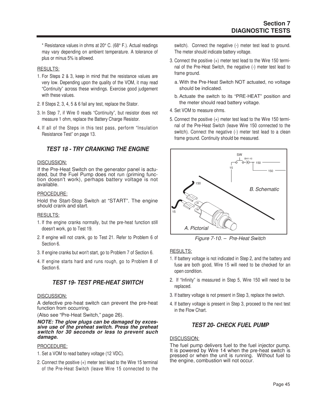 Guardian Technologies 4270 manual Test 18 TRY Cranking the Engine, Test 19- Test PRE-HEAT Switch, Test 20- Check Fuel Pump 