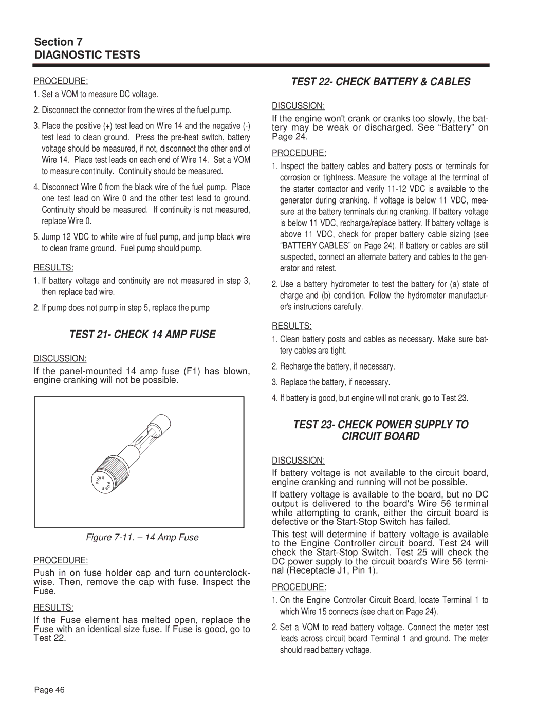 Guardian Technologies 4270 Test 22- Check Battery & Cables, Test 21- Check 14 AMP Fuse, Set a VOM to measure DC voltage 