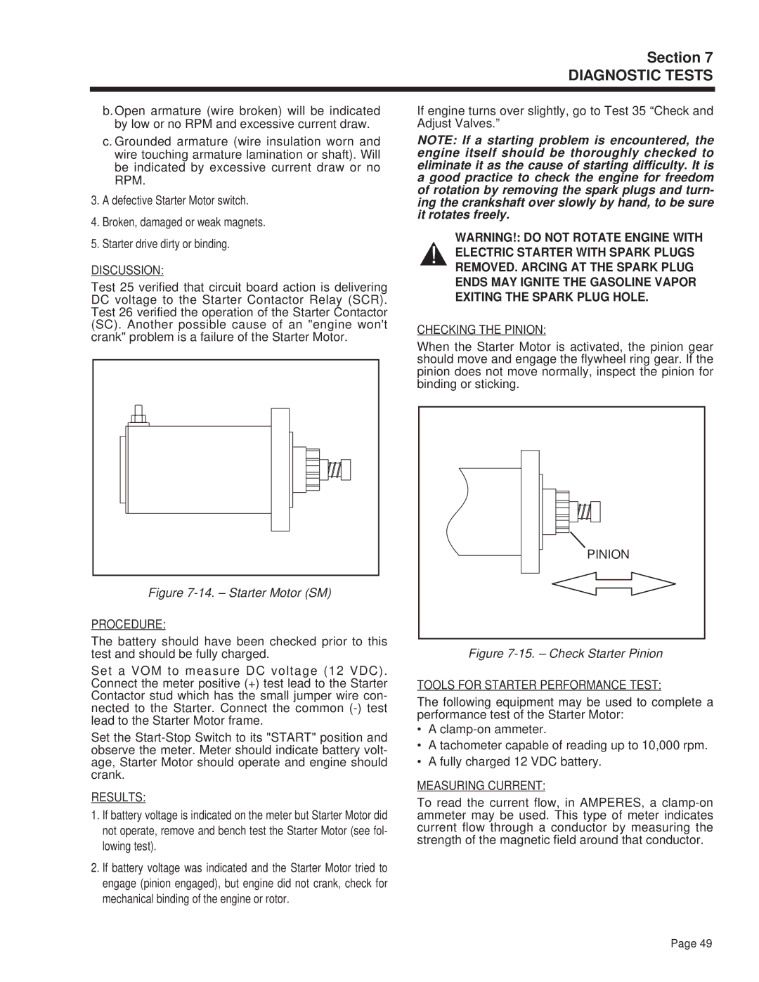 Guardian Technologies 4270 manual Checking the Pinion, Tools for Starter Performance Test, Measuring Current 