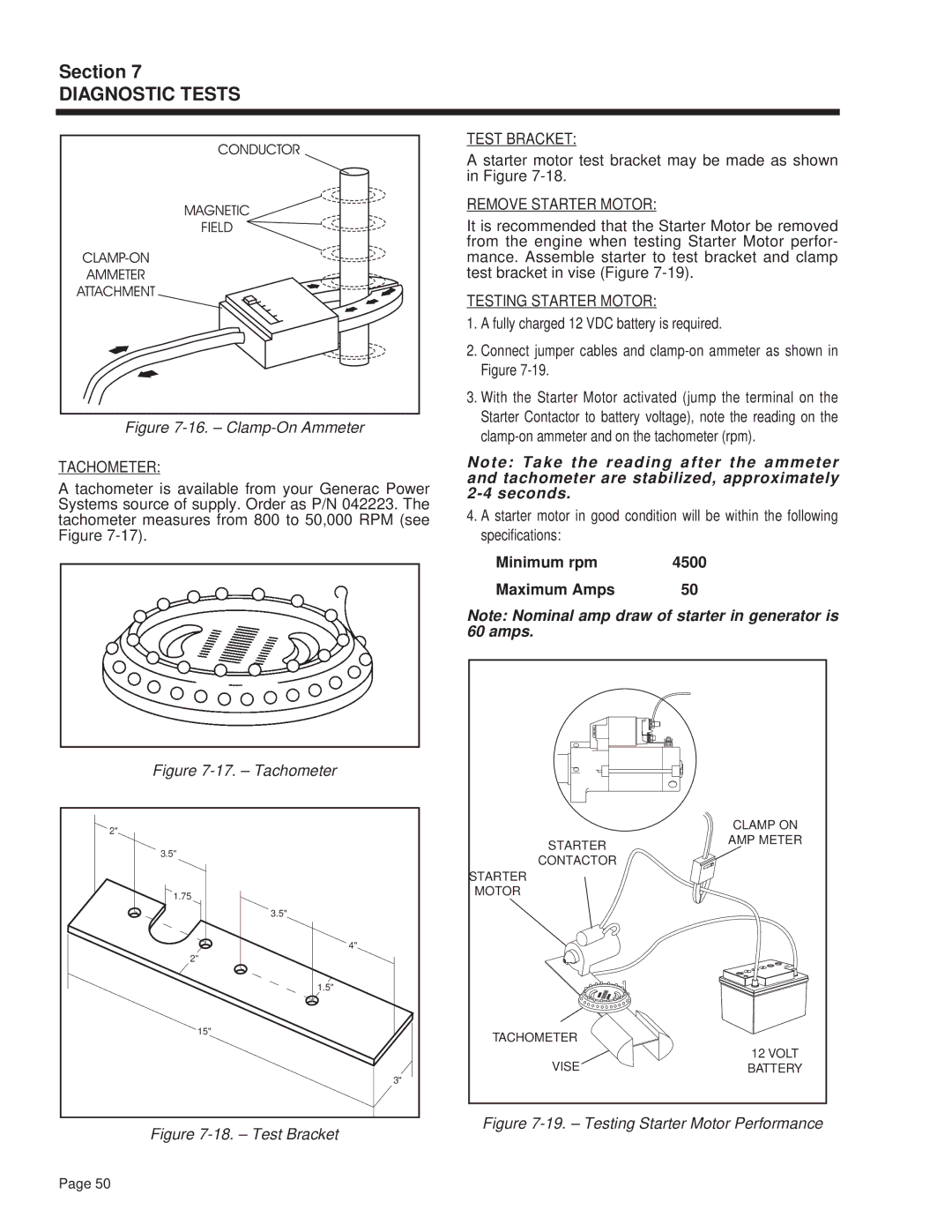 Guardian Technologies 4270 manual Tachometer, Test Bracket, Starter motor test bracket may be made as shown in Figure 