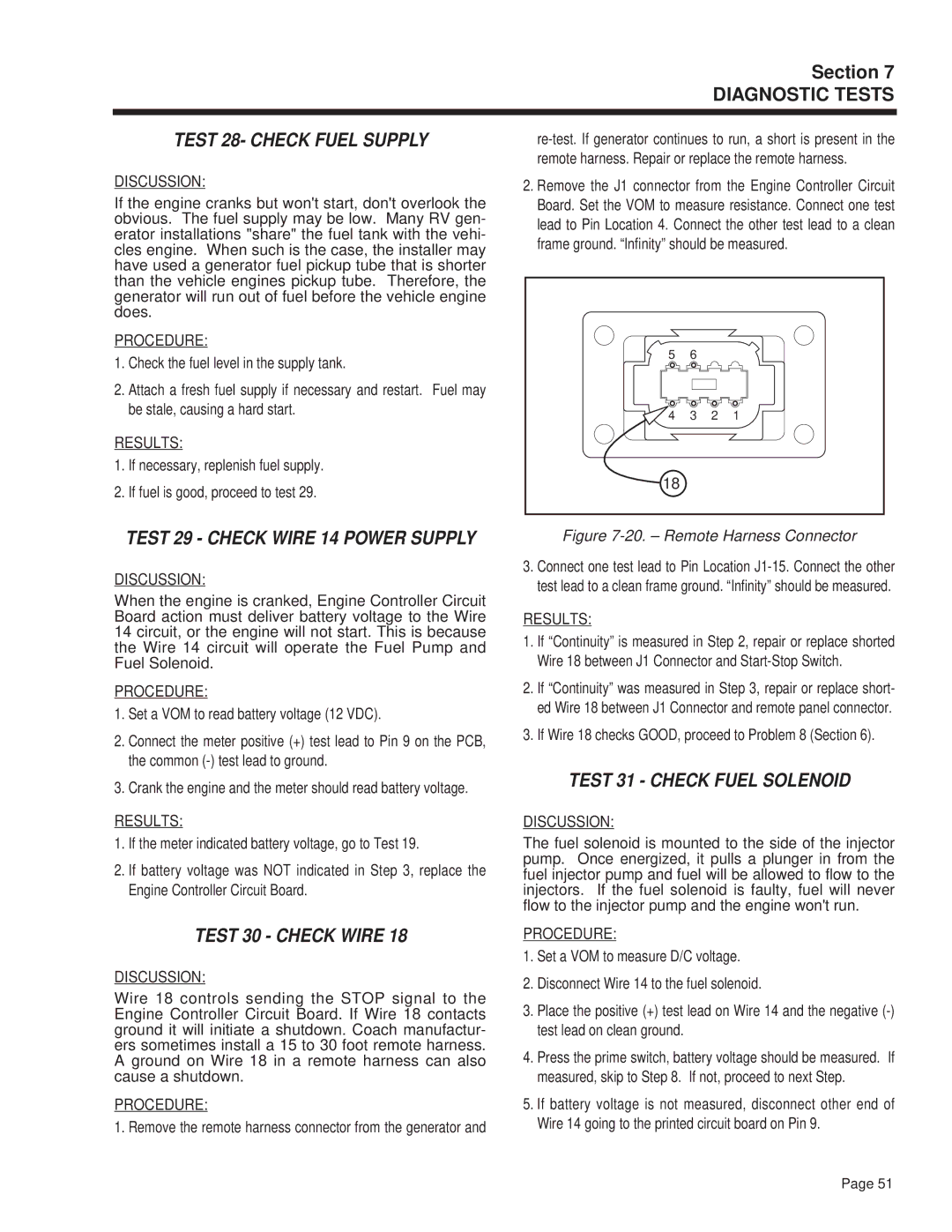 Guardian Technologies 4270 manual Test 28- Check Fuel Supply, Test 29 Check Wire 14 Power Supply, Test 30 Check Wire 