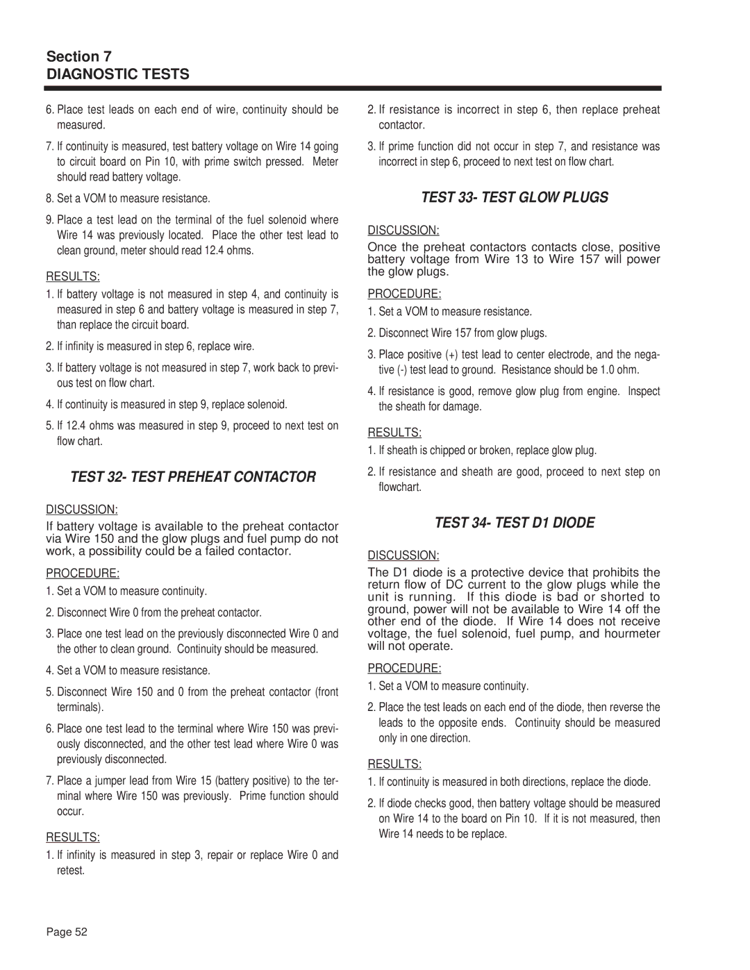 Guardian Technologies 4270 manual Test 32- Test Preheat Contactor, Test 33- Test Glow Plugs, Test 34- Test D1 Diode 