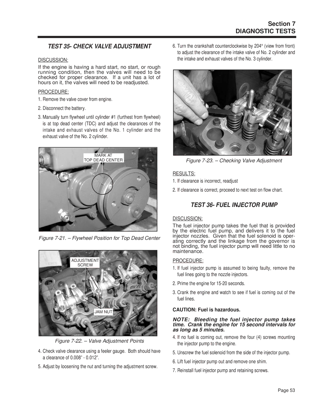 Guardian Technologies 4270 manual Test 35- Check Valve Adjustment, Test 36- Fuel Injector Pump 