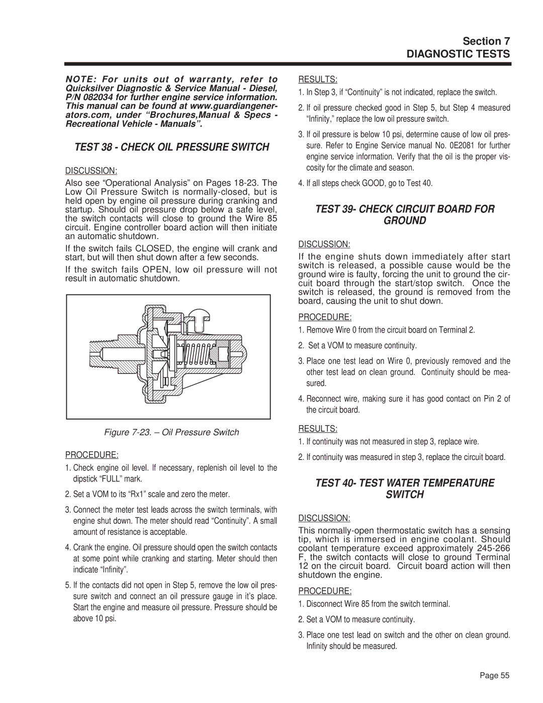 Guardian Technologies 4270 manual Test 38 Check OIL Pressure Switch, Test 39- Check Circuit Board for Ground 