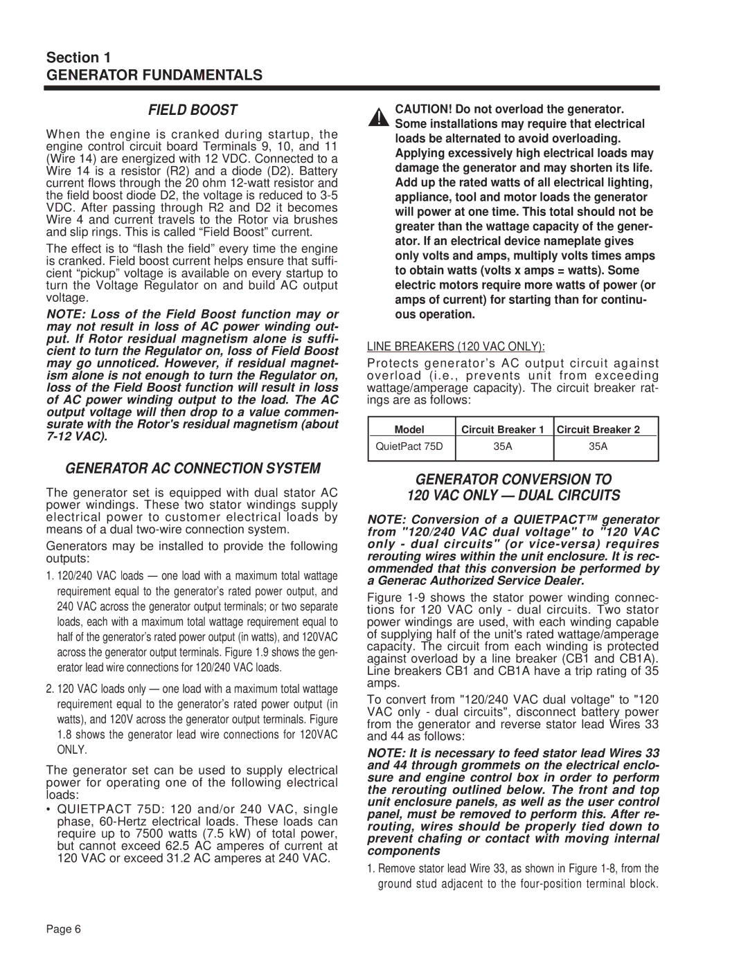 Guardian Technologies 4270 manual Field Boost, Generator AC Connection System, Line Breakers 120 VAC only 