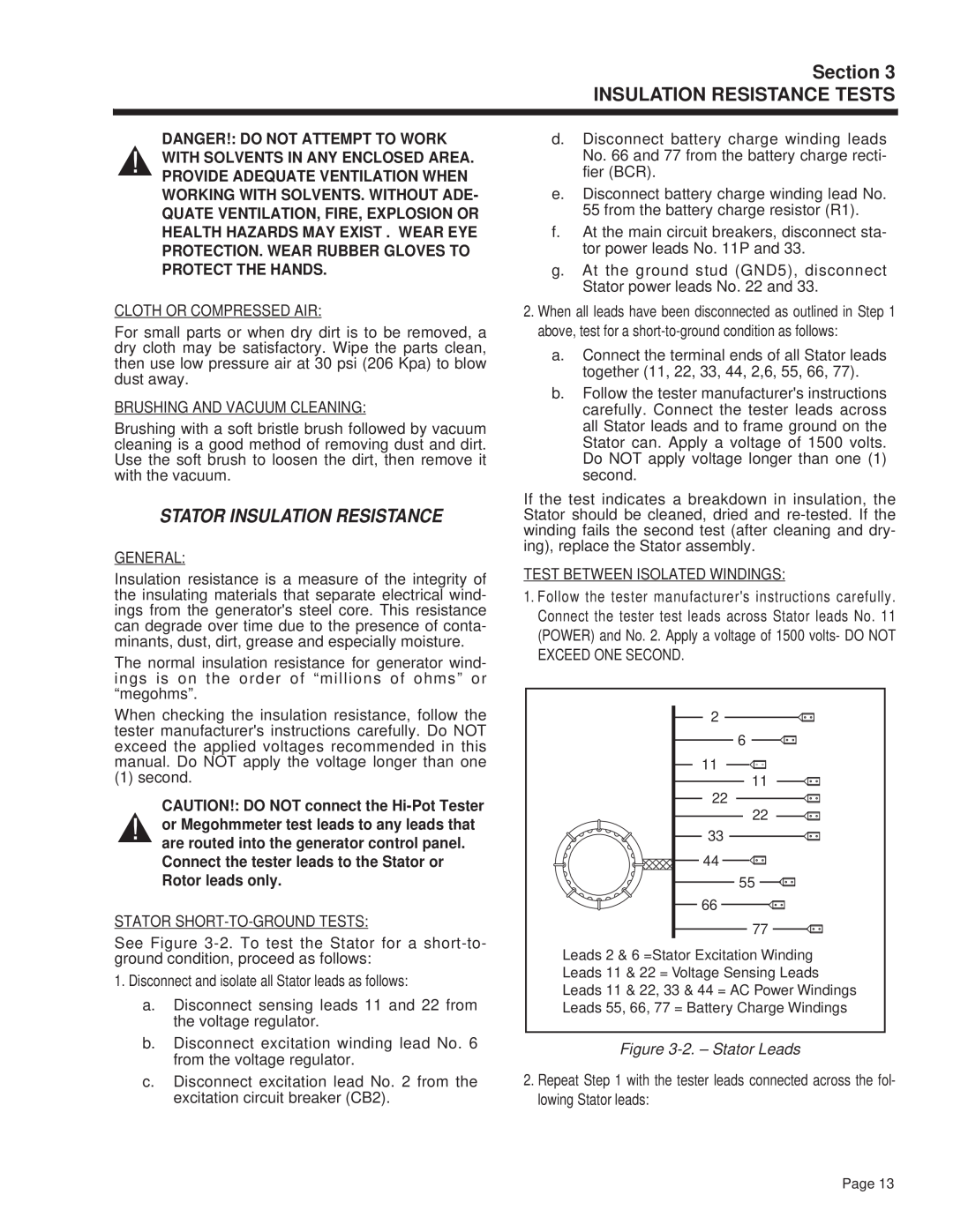 Guardian Technologies 4270 manual Stator Insulation Resistance, 2. - Stator Leads, Section INSULATION RESISTANCE TESTS 