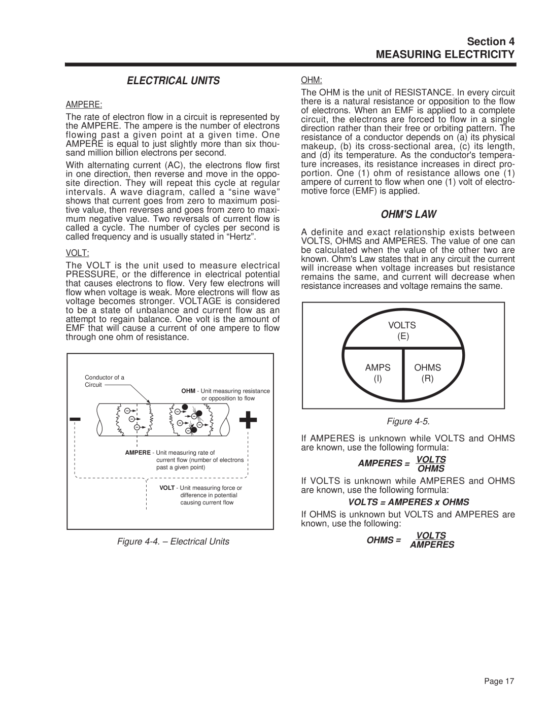 Guardian Technologies 4270 manual Ohms Law, 4. - Electrical Units, Amperes = Voltsohms, VOLTS = AMPERES x OHMS, Ohms = 