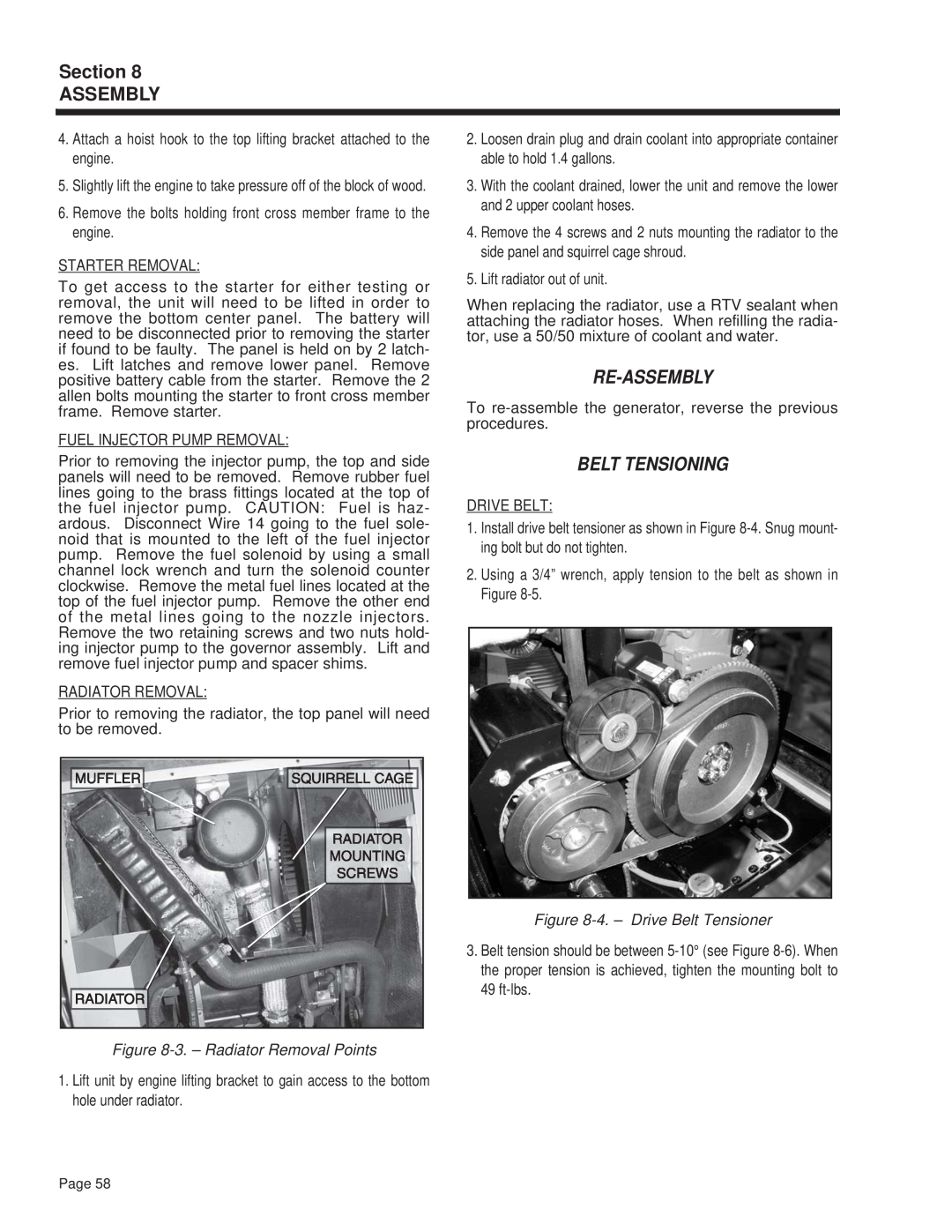 Guardian Technologies 4270 manual Re-Assembly, Belt Tensioning, 3. - Radiator Removal Points, 4. - Drive Belt Tensioner 
