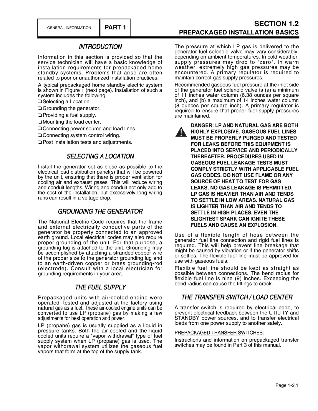 Guardian Technologies 4759, 4456 Selecting a Location, Grounding the Generator, Fuel Supply, Transfer Switch / Load Center 