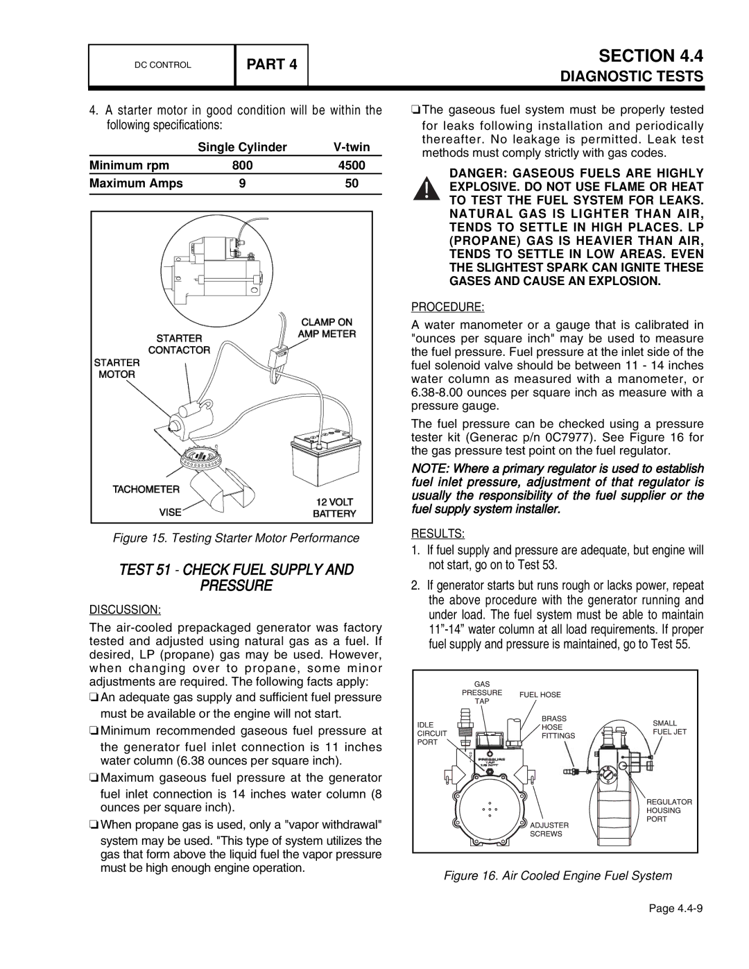 Guardian Technologies 4759, 4456, 4390, 4389, 4760, 4758 Test 51 Check Fuel Supply Pressure, Testing Starter Motor Performance 