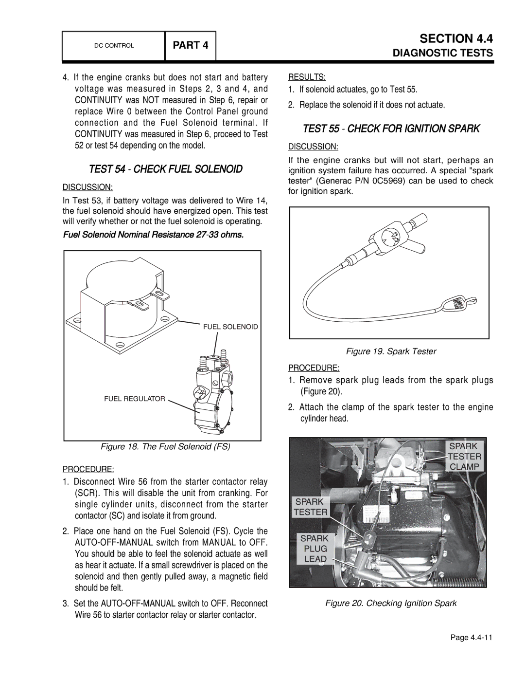 Guardian Technologies 4456, 4390, 4389, 4760, 4759, 4758 manual Test 54 Check Fuel Solenoid, Test 55 Check for Ignition Spark 