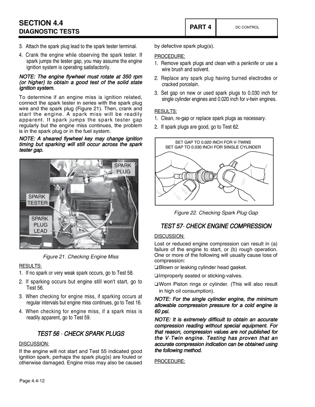 Guardian Technologies 4390, 4456, 4389, 4760, 4759, 4758 manual Test 56 Check Spark Plugs, Test 57- Check Engine Compression 