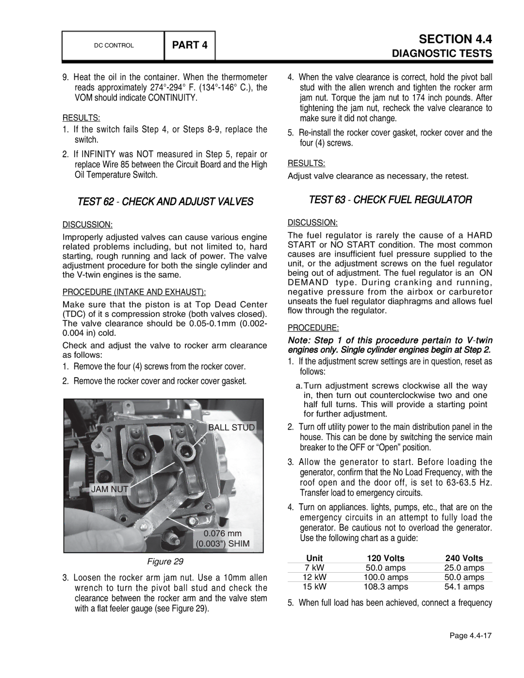 Guardian Technologies 4456 Test 62 Check and Adjust Valves, Test 63 Check Fuel Regulator, Procedure Intake and Exhaust 