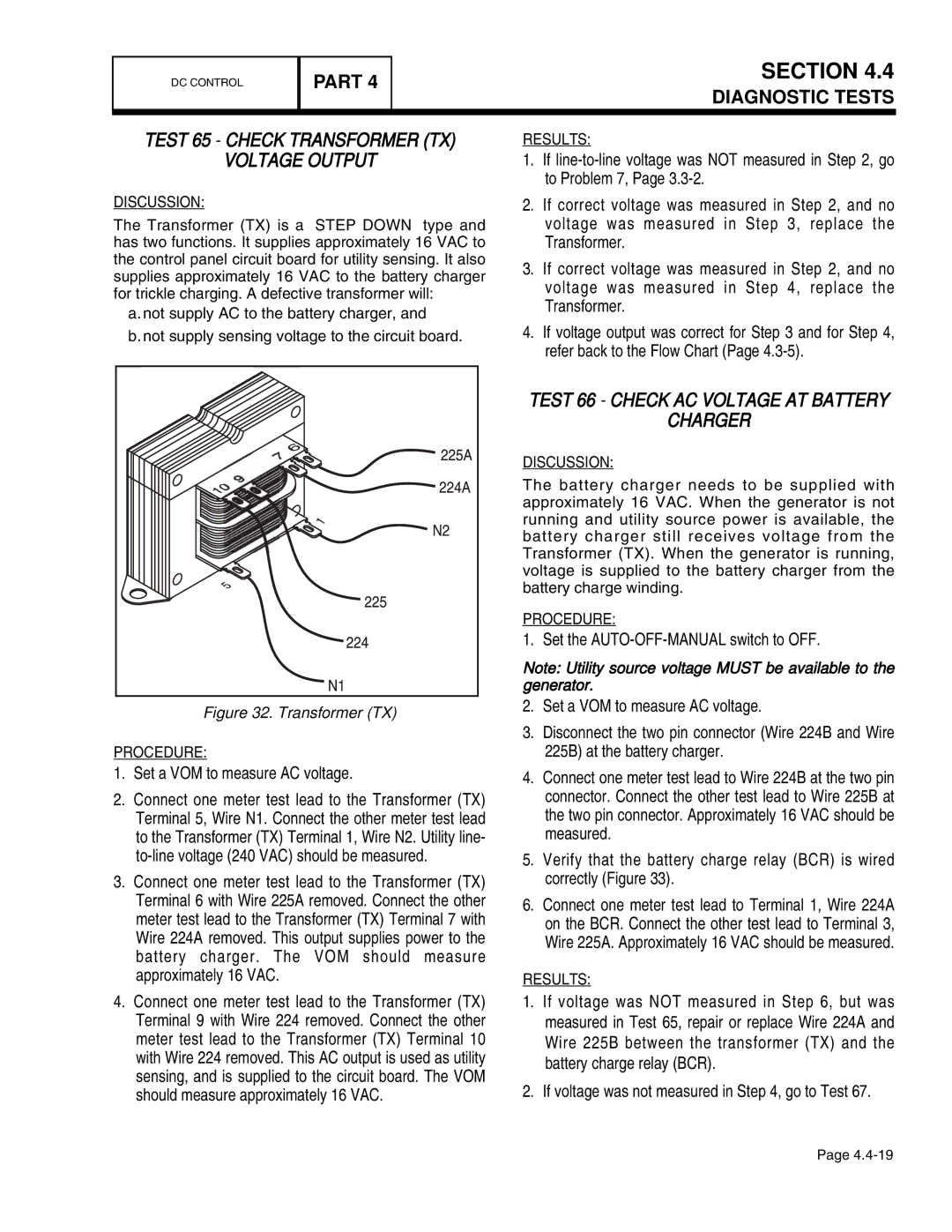 Guardian Technologies 4389, 4456 Test 65 Check Transformer TX Voltage Output, Test 66 Check AC Voltage AT Battery Charger 