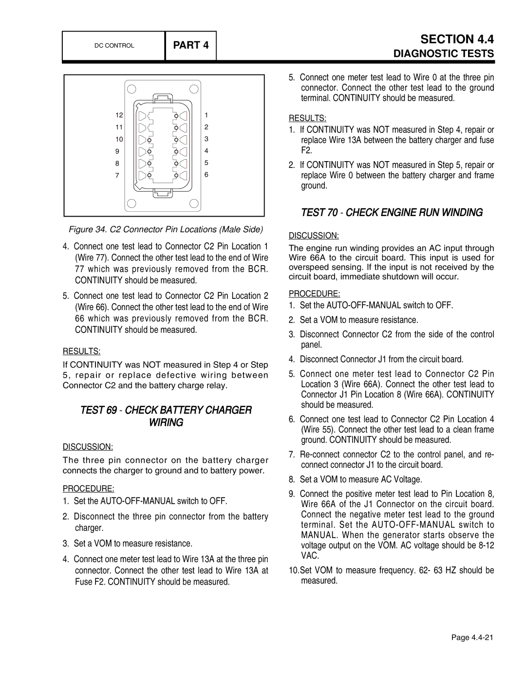 Guardian Technologies 4759, 4456, 4390, 4389, 4760 Test 69 Check Battery Charger Wiring, Test 70 Check Engine RUN Winding 