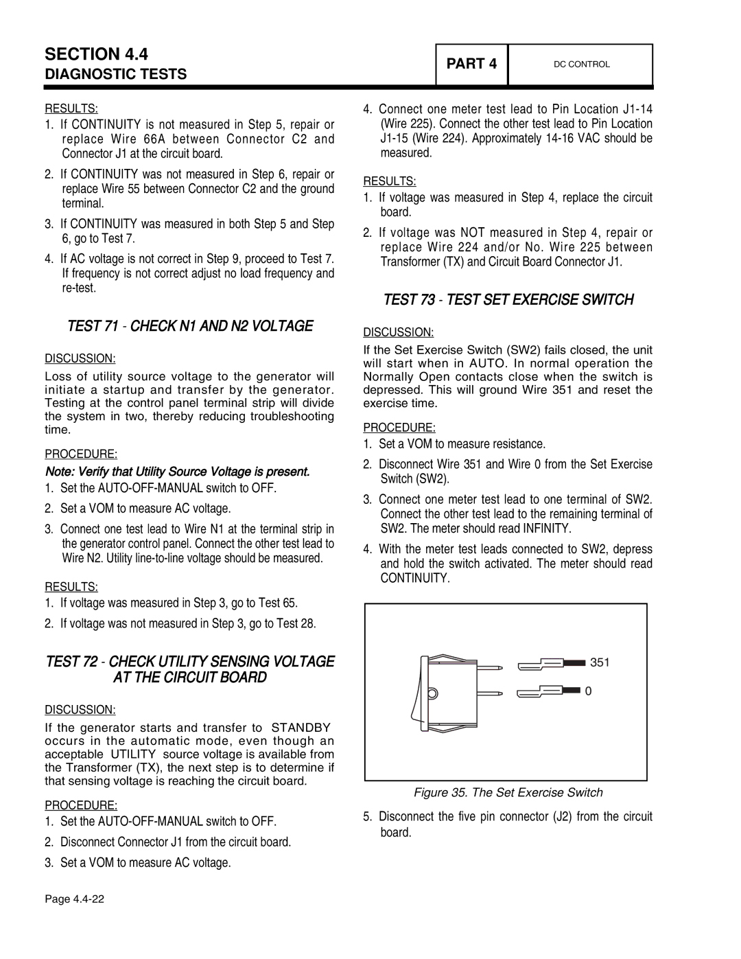 Guardian Technologies 4758, 4456 Test 71 Check N1 and N2 Voltage, Test 73 Test SET Exercise Switch, AT the Circuit Board 