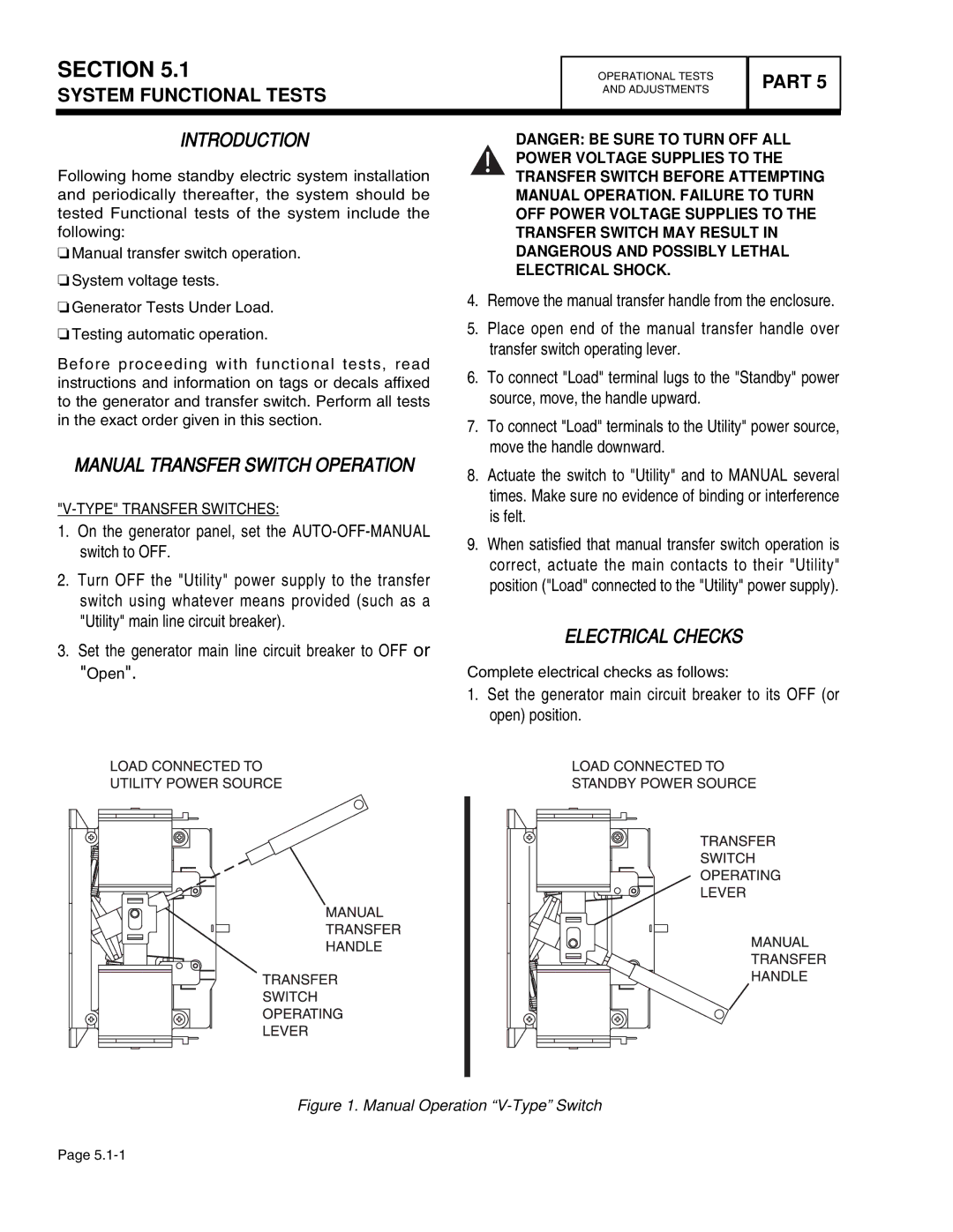 Guardian Technologies 4760, 4456, 4390, 4389 Manual Transfer Switch Operation, Electrical Checks, Type Transfer Switches 