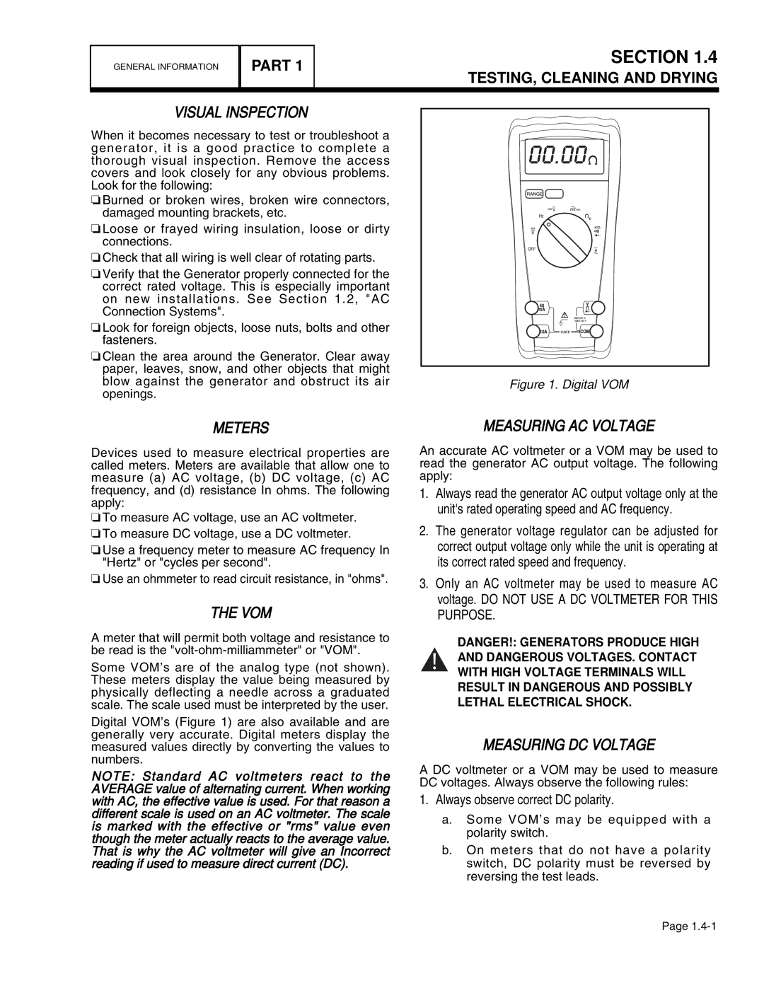 Guardian Technologies 4389, 4456, 4390, 4760, 4759 Visual Inspection, Meters, Vom, Measuring AC Voltage, Measuring DC Voltage 