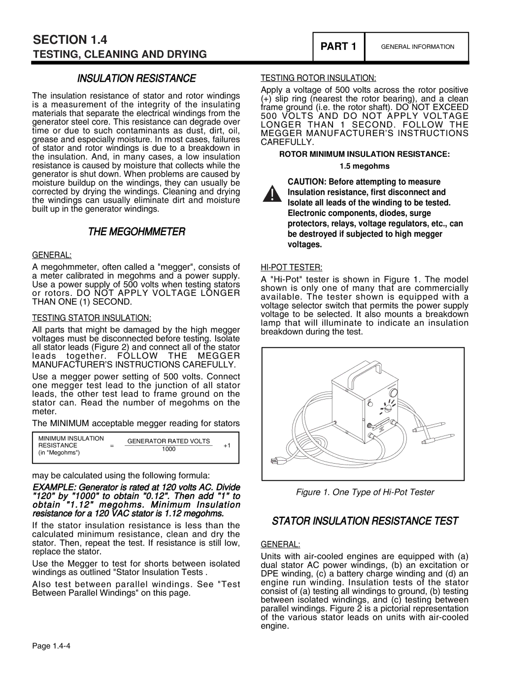 Guardian Technologies 4758, 4456, 4390, 4389, 4760, 4759 manual Megohmmeter, Stator Insulation Resistance Test 