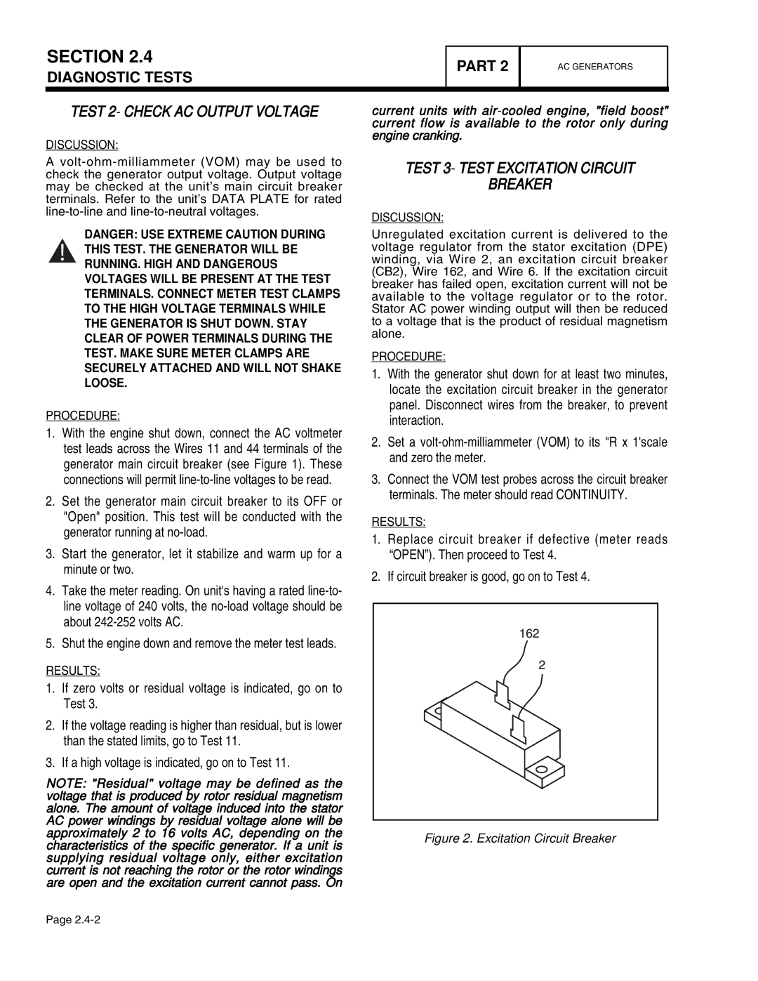 Guardian Technologies 4390, 4456, 4389, 4760, 4759 Test 2- Check AC Output Voltage, Test 3- Test Excitation Circuit Breaker 