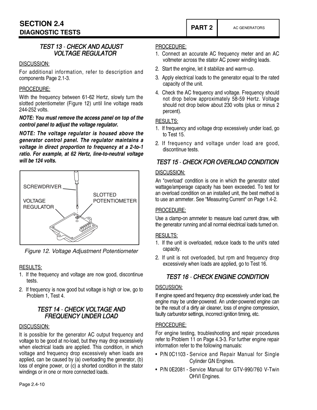 Guardian Technologies 4760, 4456, 4390 Test 13 Check and Adjust Voltage Regulator, Test 15 Check for Overload Condition 