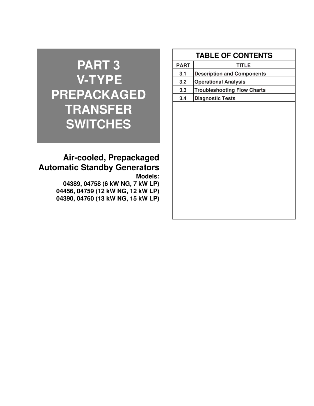 Guardian Technologies 4759, 4456, 4390, 4389, 4760, 4758 manual Part Type Prepackaged Transfer Switches 