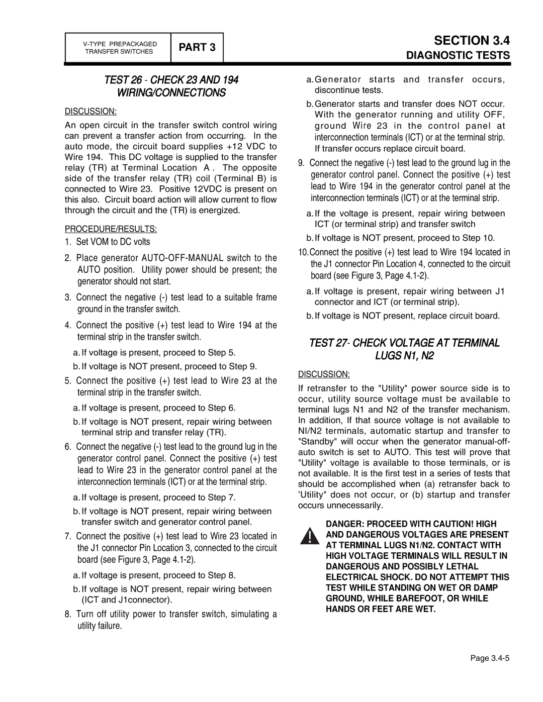 Guardian Technologies 4456, 4390 Wiring/Connections, Test 27- Check Voltage AT Terminal Lugs N1, N2, Procedure/Results 