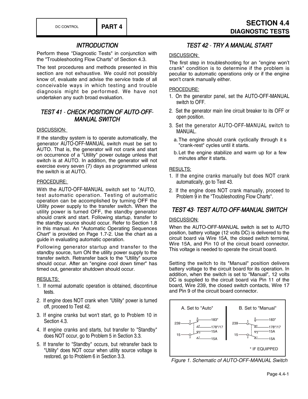 Guardian Technologies 4389, 4456, 4390, 4760 Test 41 Check Position of AUTO-OFF Manual Switch, Test 42 TRY a Manual Start 