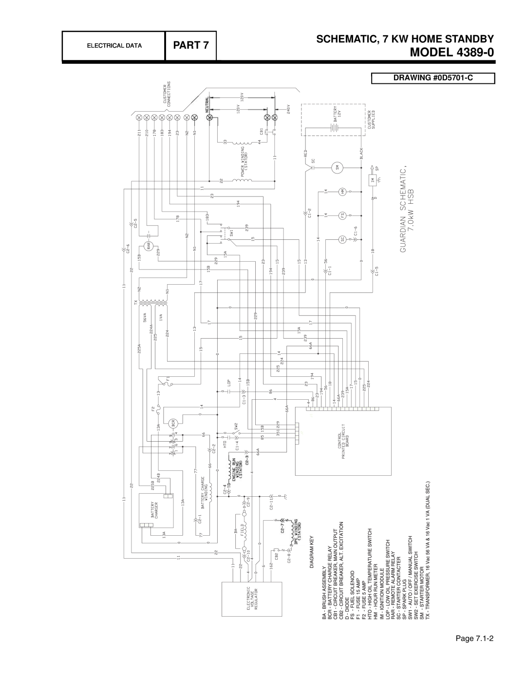 Guardian Technologies 4456, 4390, 4389, 4760 SCHEMATIC, 7 KW HOME STANDBY, Model, Part, DRAWING #0D5701-C, Electrical Data 