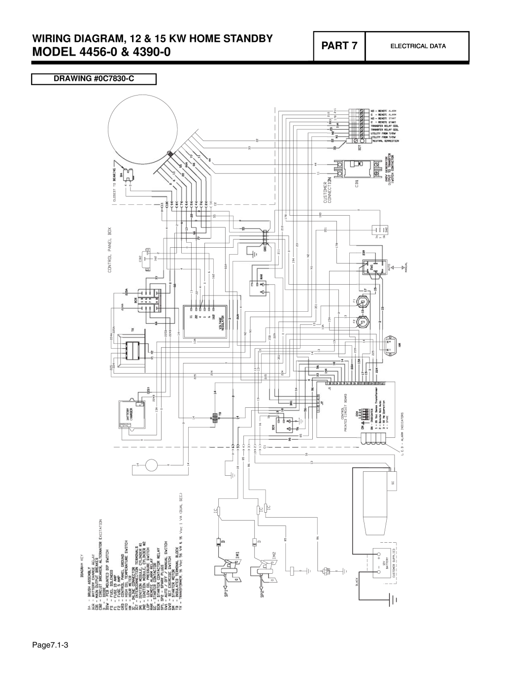 Guardian Technologies 4390 MODEL 4456-0, WIRING DIAGRAM, 12 & 15 KW HOME STANDBY, Part, DRAWING #0C7830-C, Electrical Data 