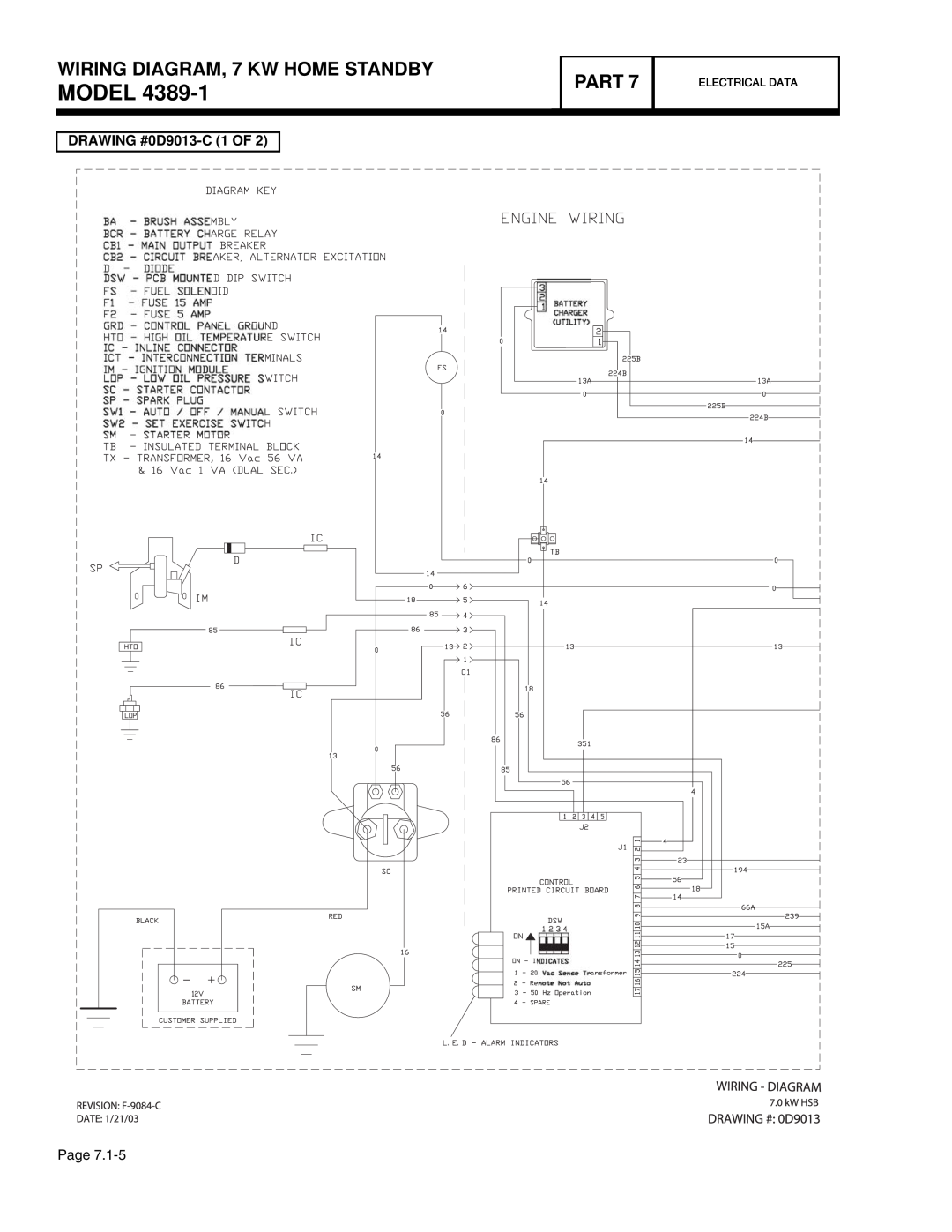 Guardian Technologies 4760, 4456 Model, WIRING DIAGRAM, 7 KW HOME STANDBY, Part, DRAWING #0D9013-C 1 OF, Electrical Data 