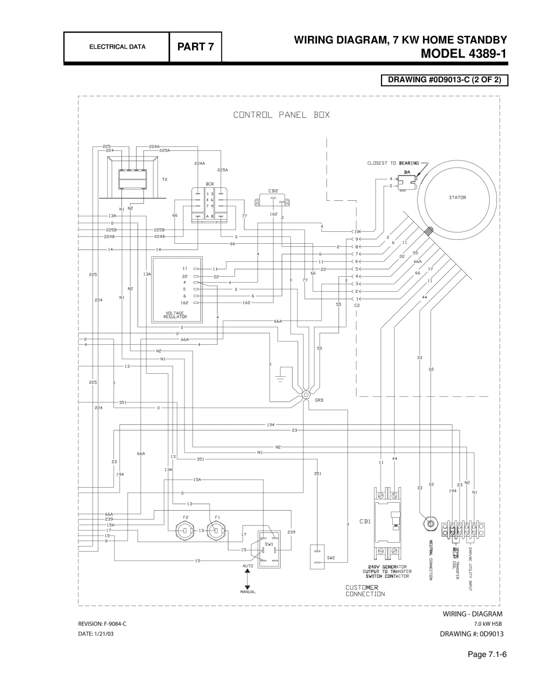 Guardian Technologies 4759, 4456 Model, Part, WIRING DIAGRAM, 7 KW HOME STANDBY, DRAWING #0D9013-C 2 OF, Electrical Data 