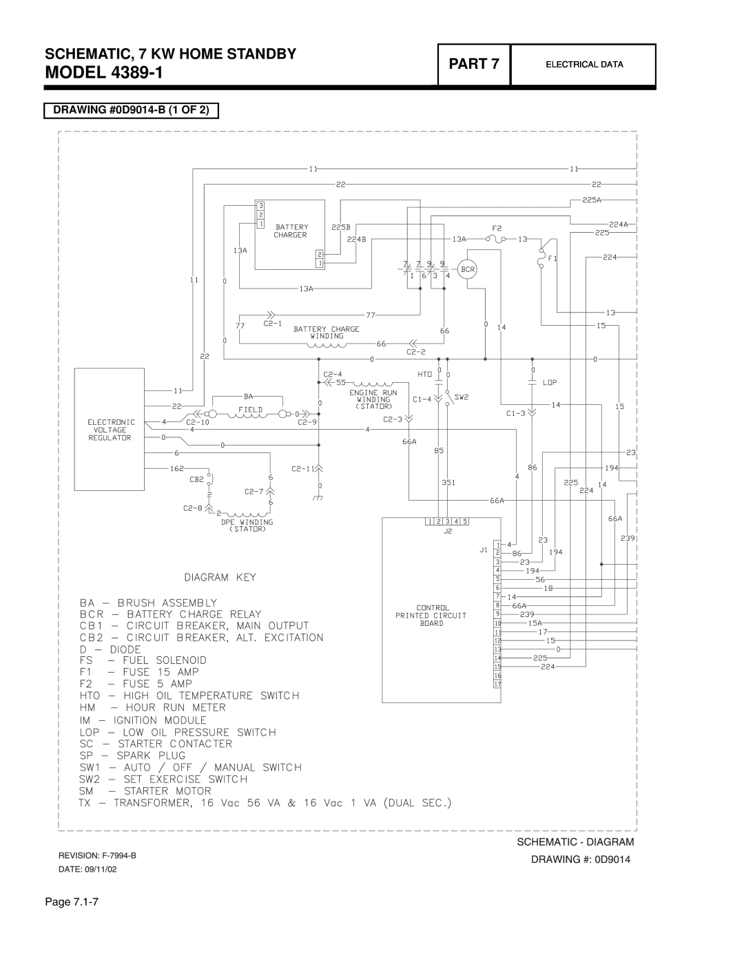 Guardian Technologies 4758, 4456, 4390 Model, SCHEMATIC, 7 KW HOME STANDBY, Part, DRAWING #0D9014-B 1 OF, Electrical Data 
