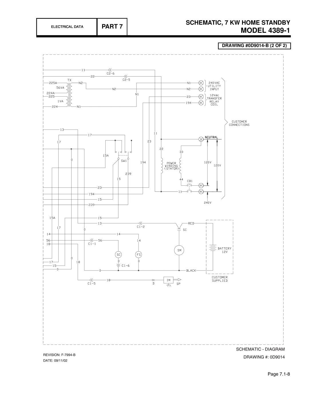 Guardian Technologies 4456, 4390, 4389 Model, Part, SCHEMATIC, 7 KW HOME STANDBY, DRAWING #0D9014-B 2 OF, Electrical Data 