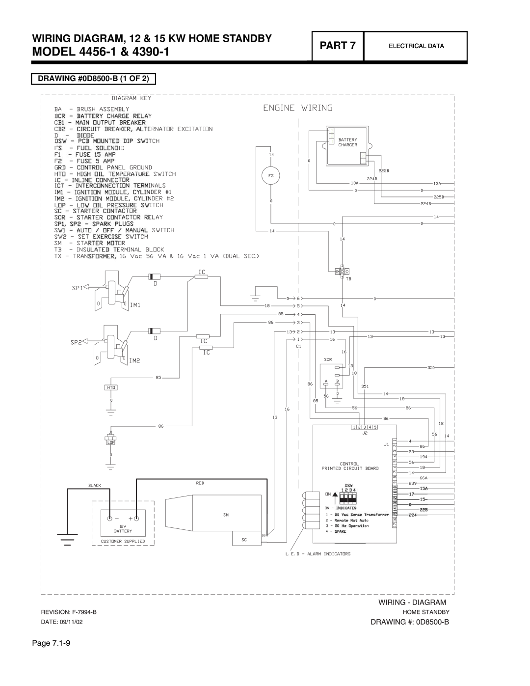Guardian Technologies 4390, 4389, 4760 MODEL 4456-1, WIRING DIAGRAM, 12 & 15 KW HOME STANDBY, Part, DRAWING #0D8500-B 1 OF 